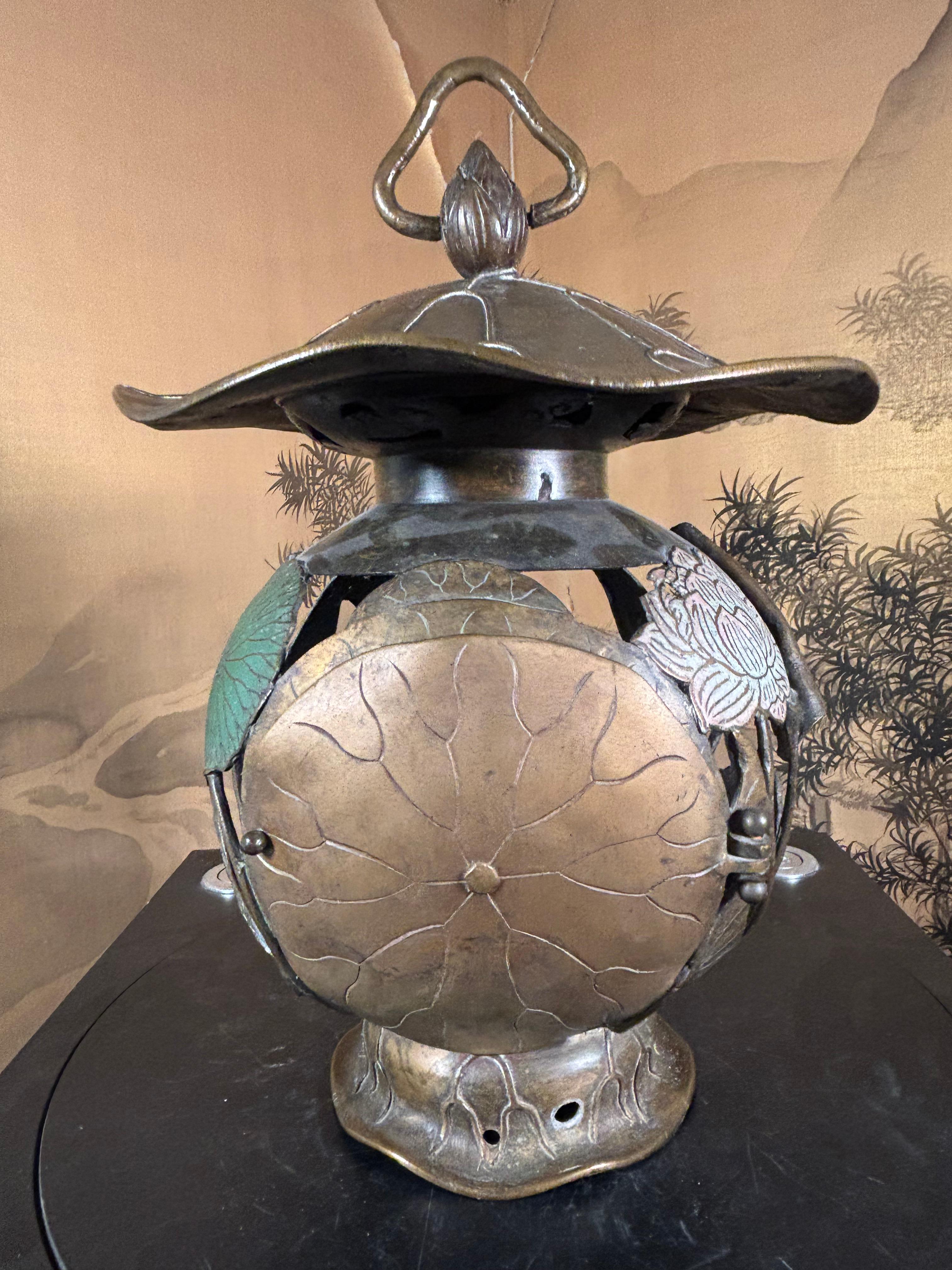 Meiji Japanese Fine Antique Lotus Leaf Bronze Lantern Extraordinary 19thc. Shogun Art For Sale