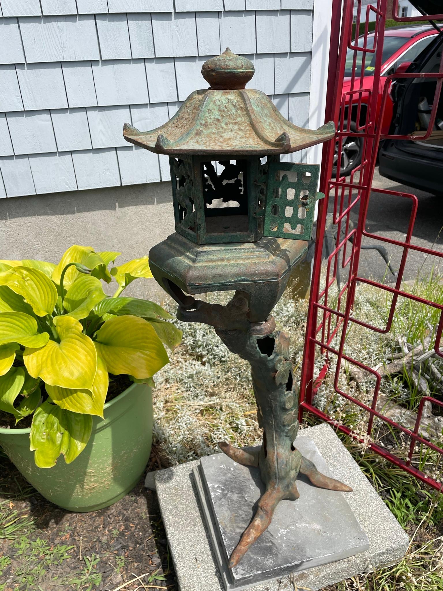 Iron Japanese Fine Antique Original Blue Green Tree Garden Lantern