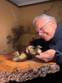 Japanese Fine Antique Pair Gilt  Bronze Mandarin Duck Screen Holders