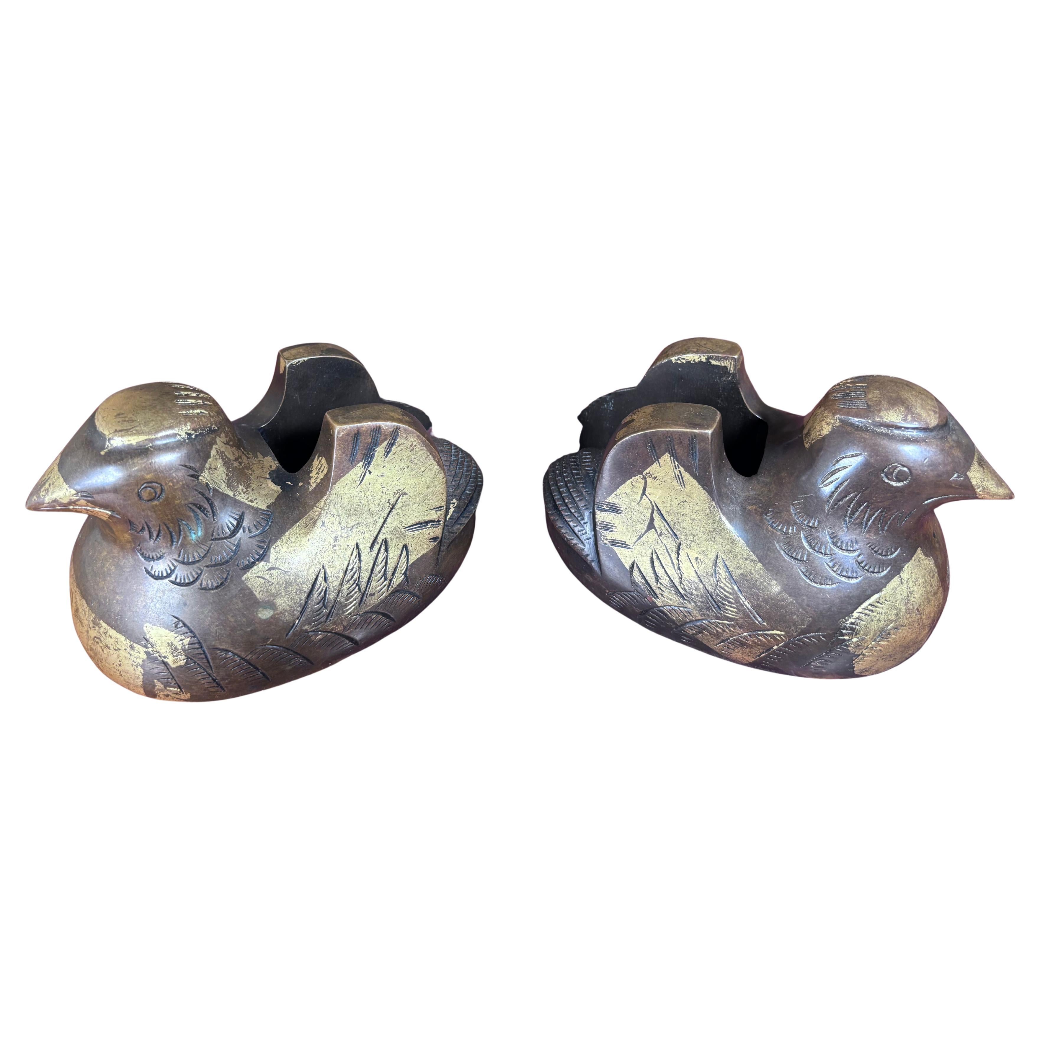 Par Antiguo Japonés Dorado  Portapantallas Pato Mandarín Bronce