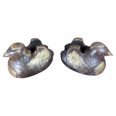 Japanese Fine Antique Pair Gilt  Bronze Mandarin Duck Screen Holders