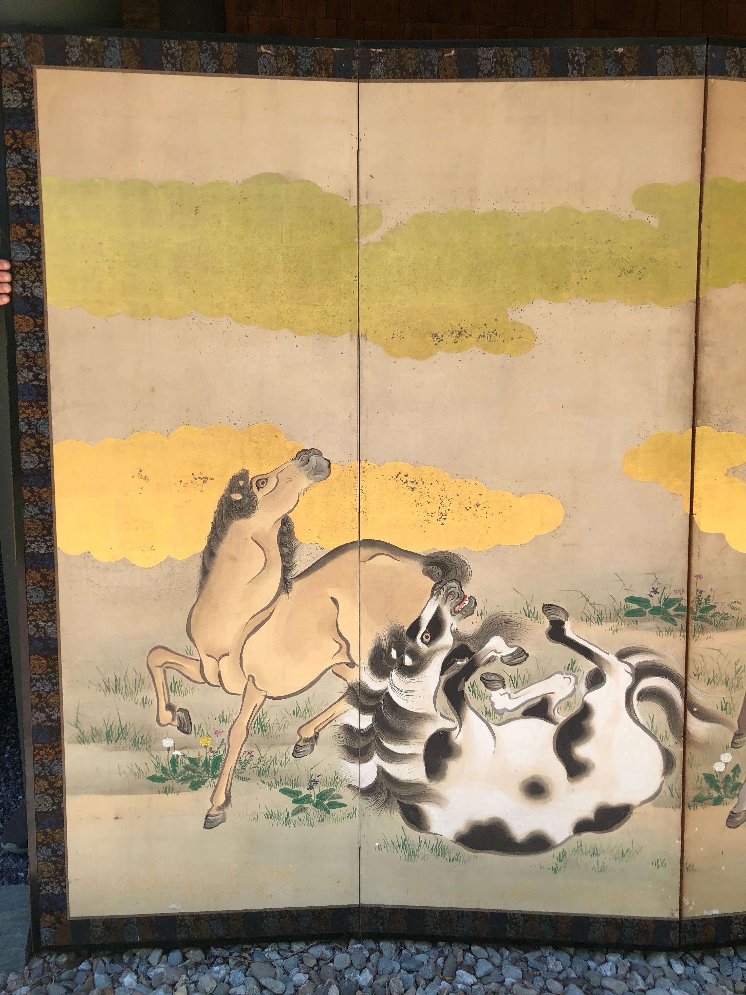 8 magnificent steeds, 19th century

Japan, a fine six-panel screen Byobu depicting 8 magnificent Horses playfully frolicking against a gold filled cloud background. This attractive screen dates to the Meiji period, circa 1880.

Photographed in