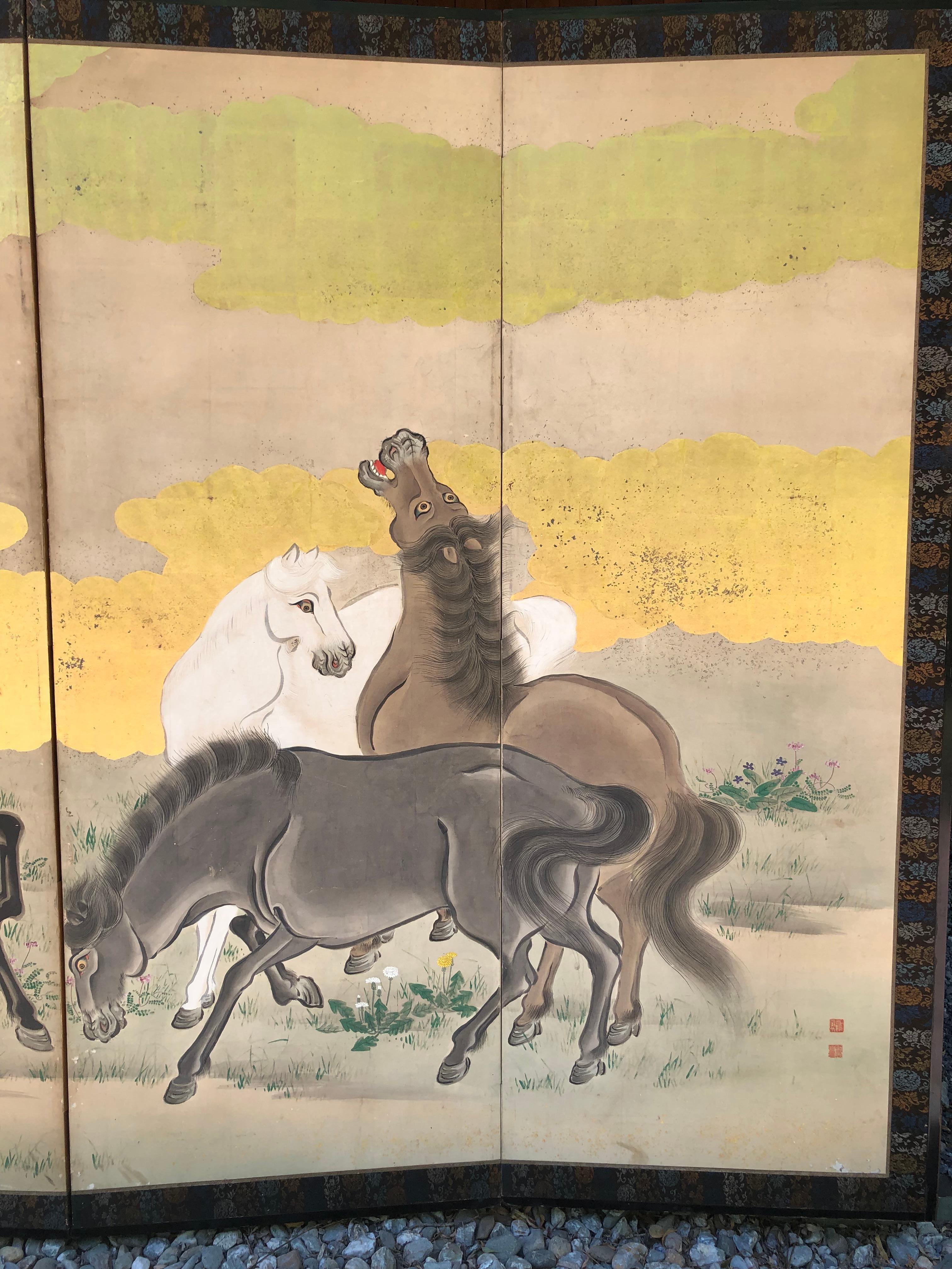 Meiji Japanese Fine Antique Screen Eight Horses