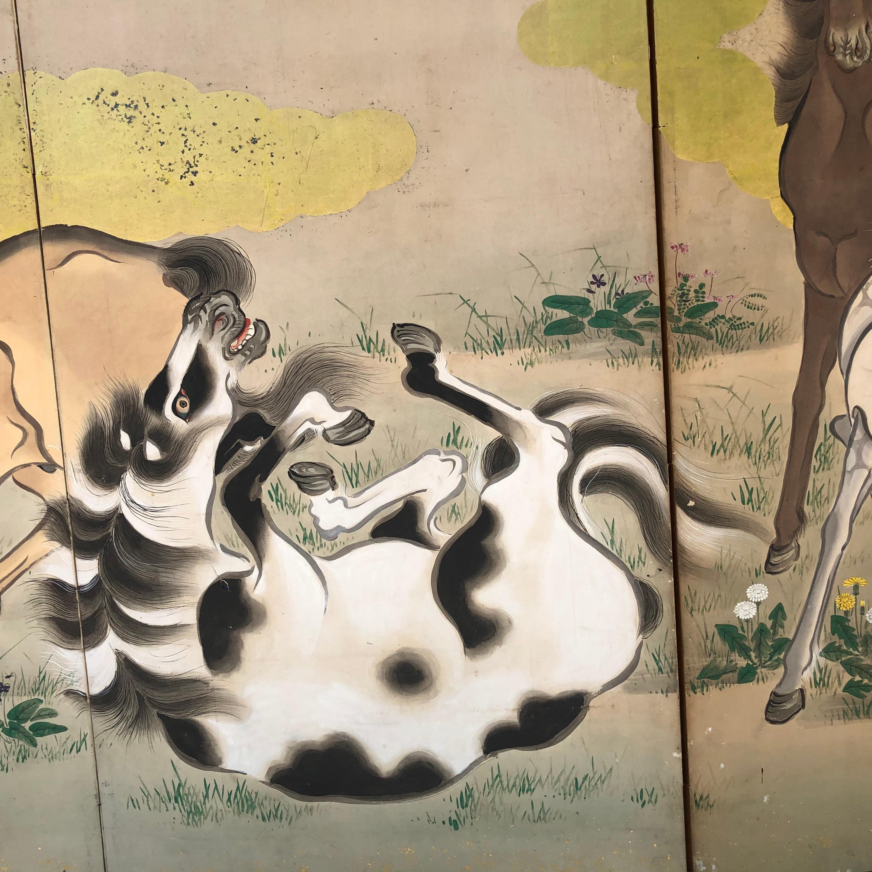 Hand-Painted Japanese Fine Antique Screen Eight Horses