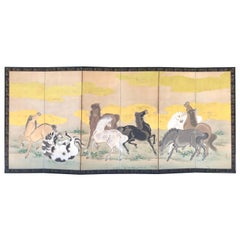 Japanese Fine Antique Screen Eight Horses