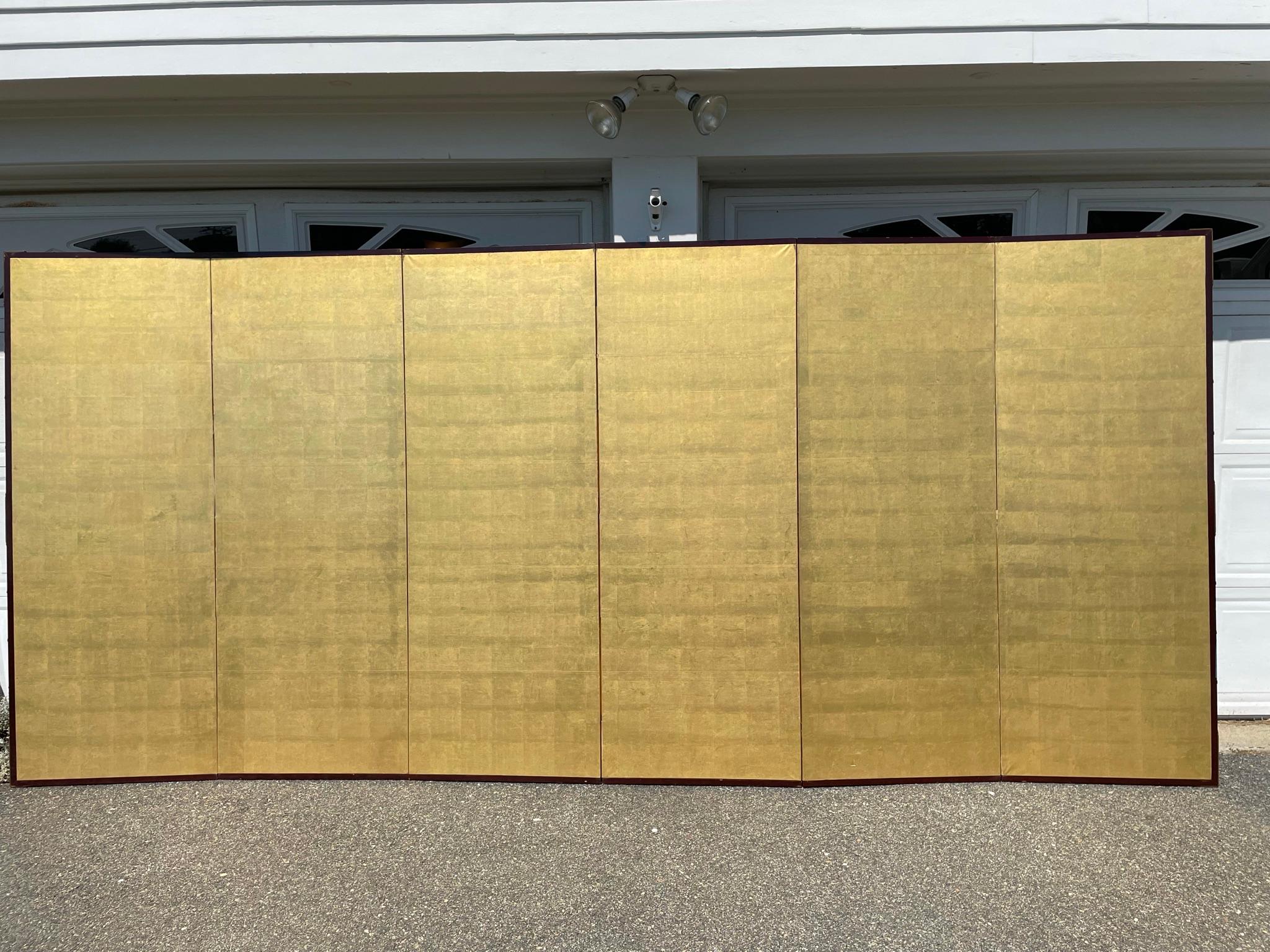 From our recent Japanese Acquisitions

Fashioned by hand in stunning gold leaf.

Japan, a fine six-panel screen byobu carefully crafted by a professional artisan with hand applied gold leaf. This attractive screen dates to the Meiji period,