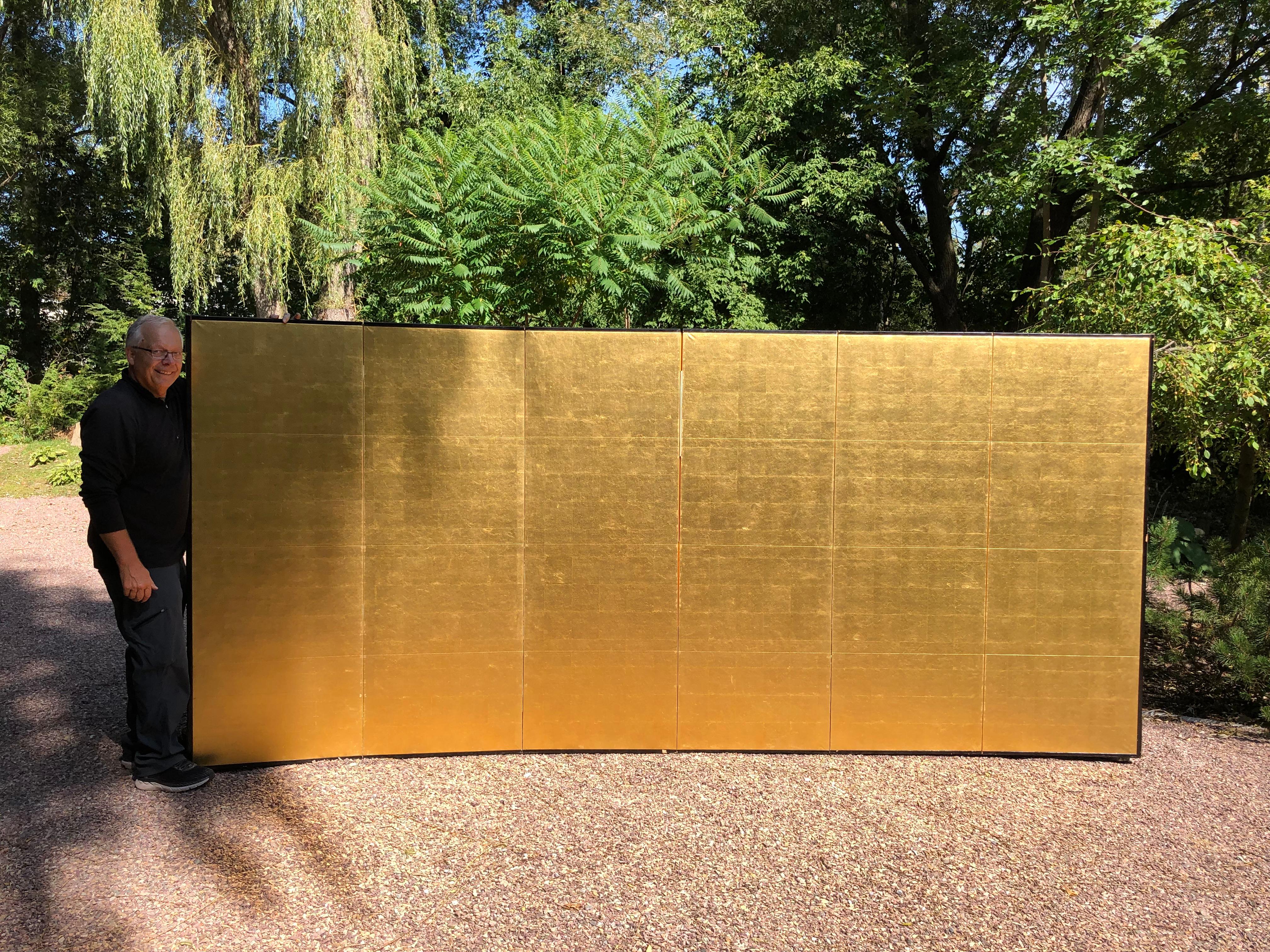 From our recent Japanese Acquisition Travels

Fashioned by hand in stunning gold leaf .

Japan, a fine six-panel screen byobu carefully crafted by a professional artisan with hand applied gold leaf. This attractive screen dates to the Meiji period,