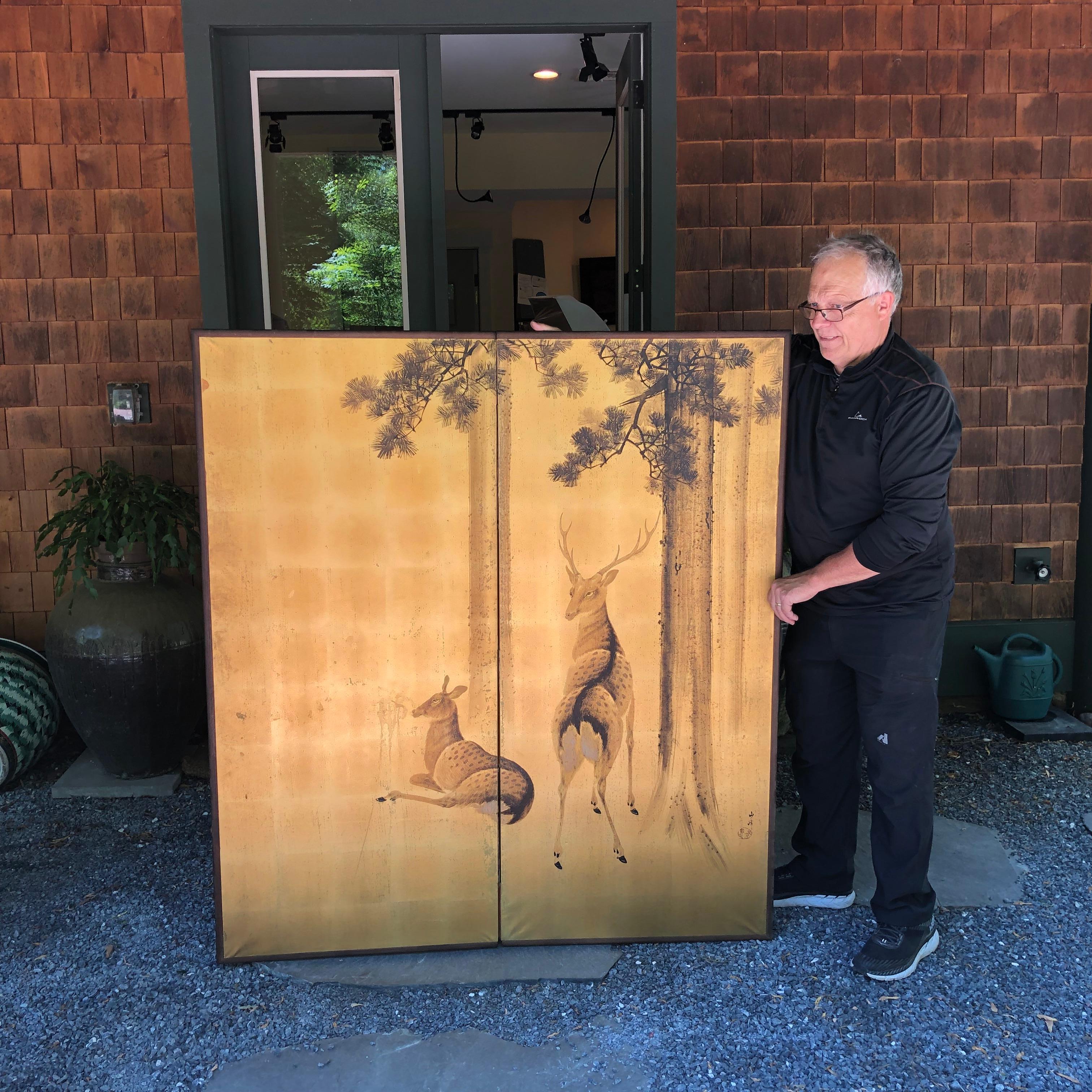 2 finely painted deer

Japan, a fine two-panel screen Byobu depicting 2 Serene faced deer hand painted against a gold filled cloud background. This attractive screen dates to the Taisho period, circa 1910.

Photographed in natural day