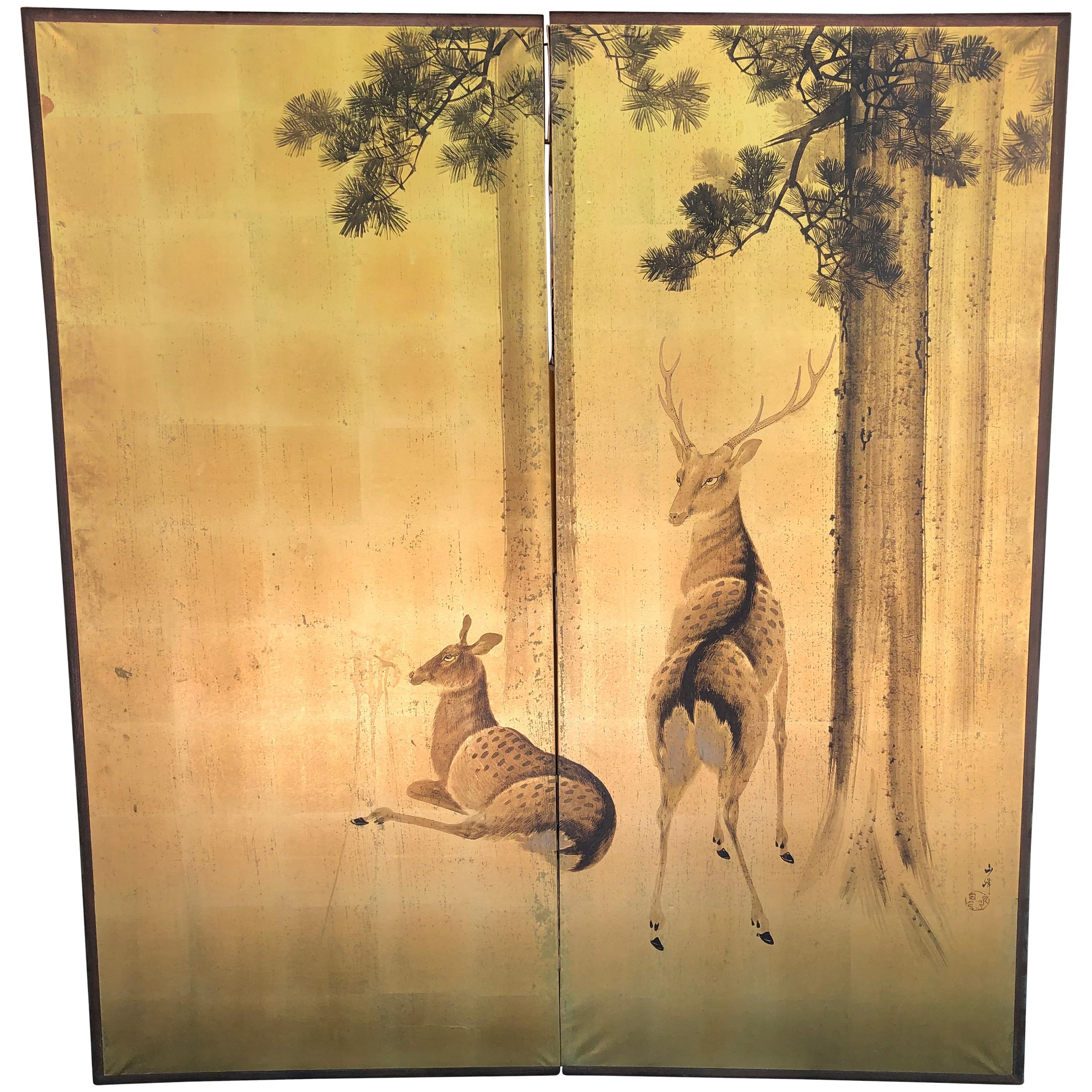 Japanese Fine Antique "Two Deer" Screen, Smaller 2 Panel Byobu
