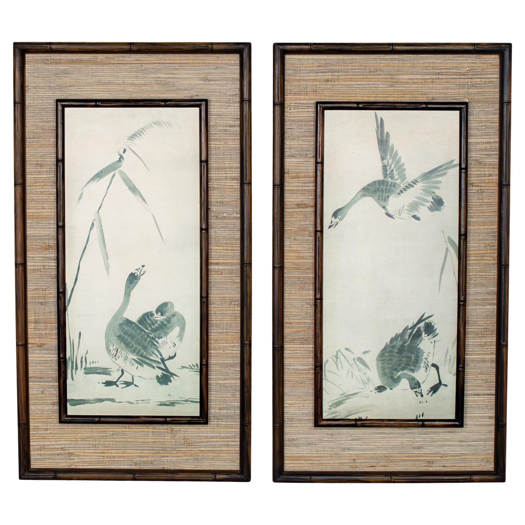 Japanese Fine Art Prints by Tesshu Tokusai Reeds w/Geese Resting 
In Flight