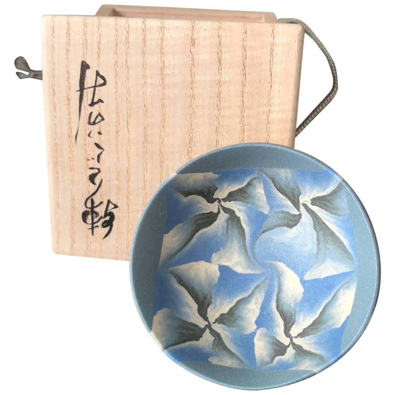 Japanese Fine Artist "BLUE PETALS TEA SAKE CUP"  Hand-Built Hand Glazed, Ogata