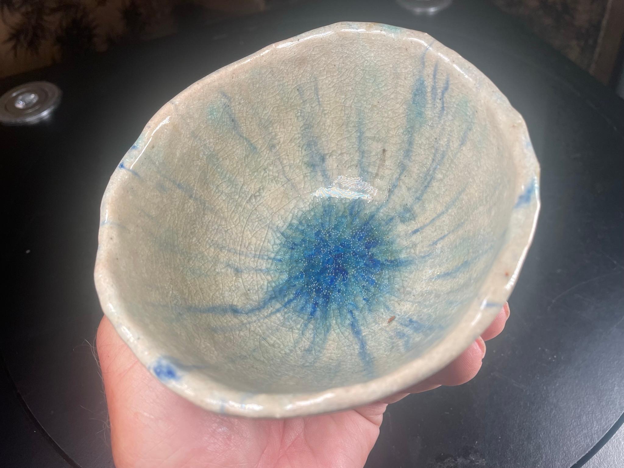 Hand-Crafted Japanese Fine Blue Impressions Tea Bowl Hand-Built and Hand Glazed For Sale