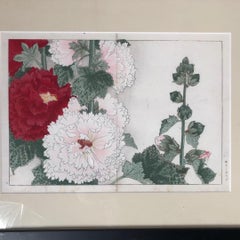 Japanese Fine Framed Woodblock Antique Flower Print "Hollyhock", Vibrant Colors