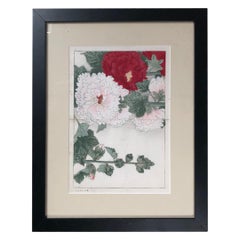 Japanese Fine Framed Woodblock Antique Flower Print "Hollyhock", Vibrant Colors