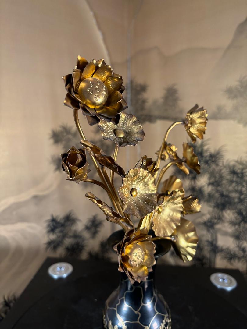 Japanese Fine Gilt Double Bouquet Lotus Flowers For Sale 8