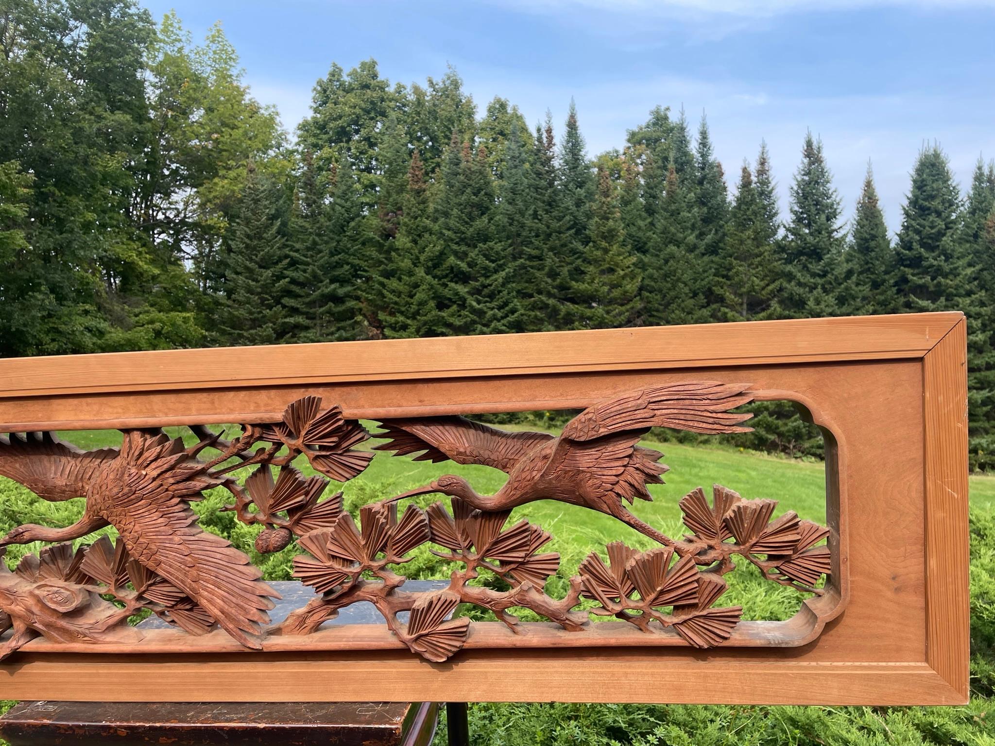Japanese Fine Hand Carved Pair Flying Cranes With Matsu Trees Ranma Screen In Good Condition For Sale In South Burlington, VT