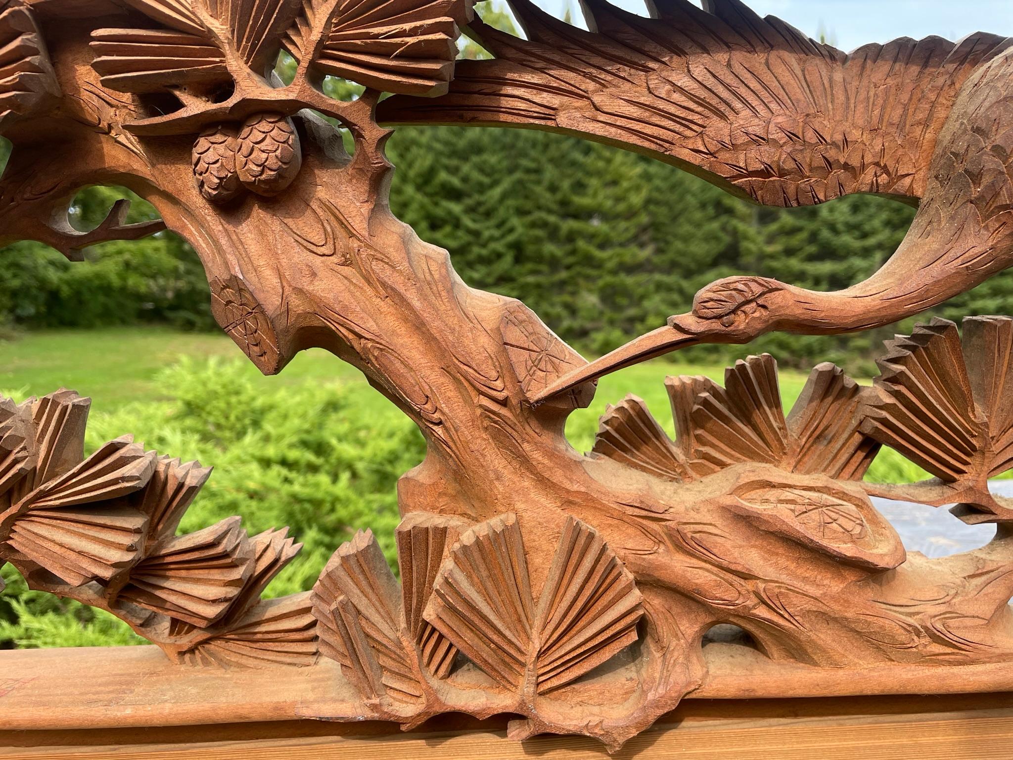 20th Century Japanese Fine Hand Carved Pair Flying Cranes With Matsu Trees Ranma Screen For Sale