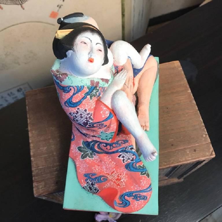 Japanese Fine Hand-Carved Shunga Erotic Folk Sculpture, Signed and 