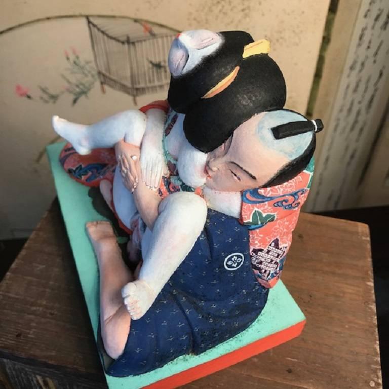 Wood Japanese Fine Hand-Carved Shunga Erotic Folk Sculpture, Signed and Boxed