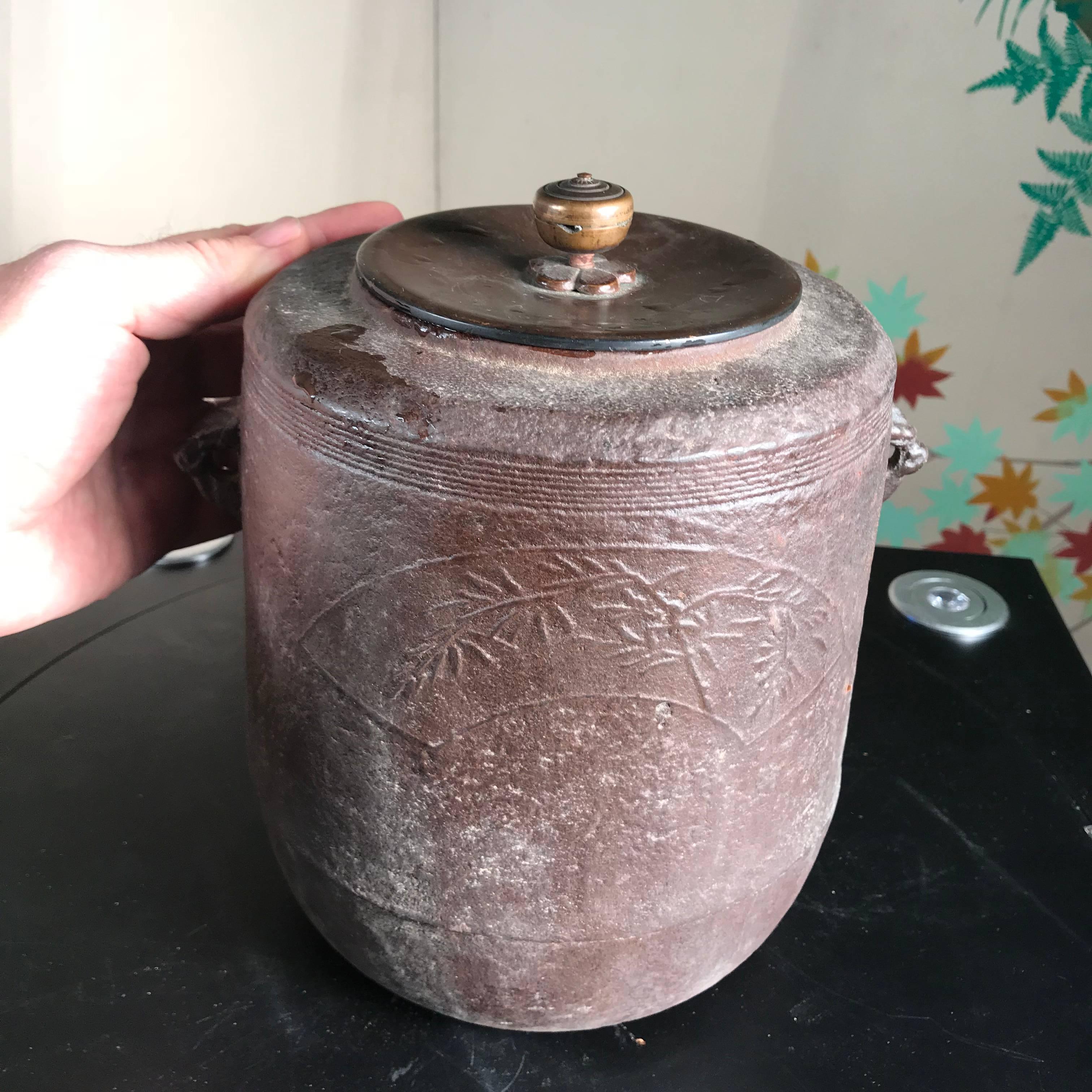 Copper Japanese Fine Hand Cast Fan Art Tea Pot Chagama Immediately Usable