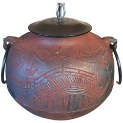 Japanese Fine Hand Cast Garden and Bridge Tea Pot Chagama Immediately Usable