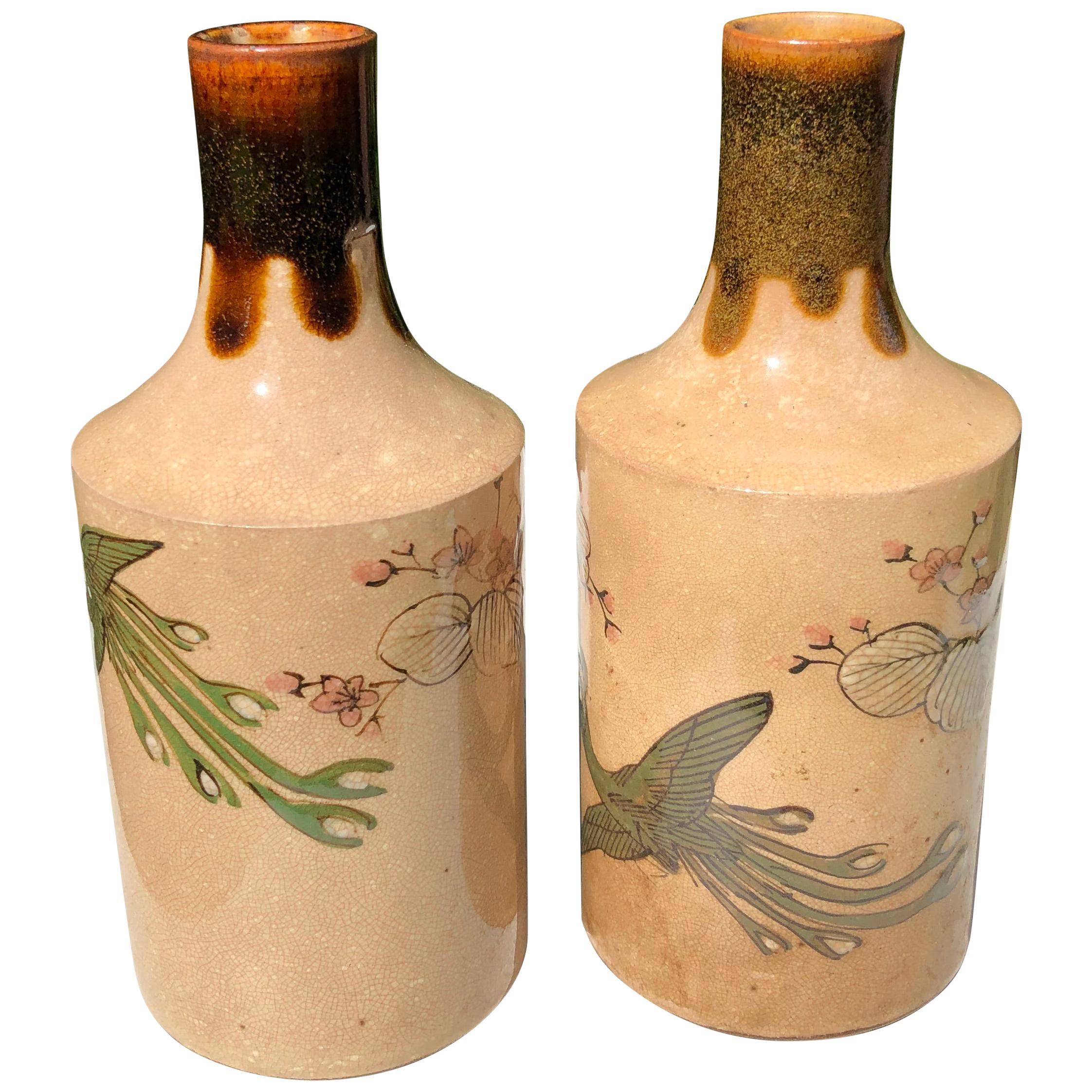Japanese Fine Hand Painted Sake Bottles "Bird Of Paradise" Collector Boxed, Pair