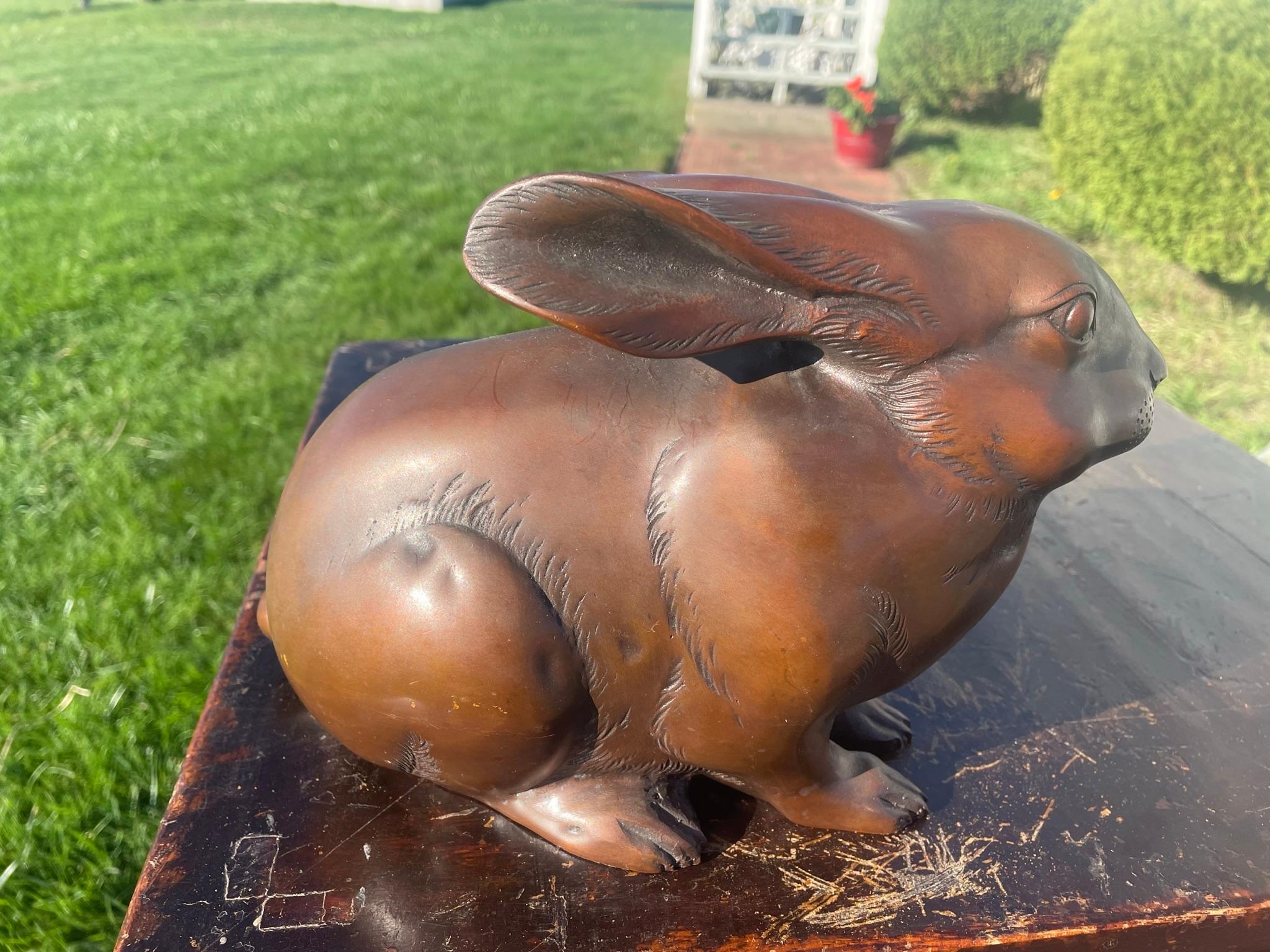 20th Century Japanese Fine Large Old Bronze Rabbit with Chocolate Patina, Signed