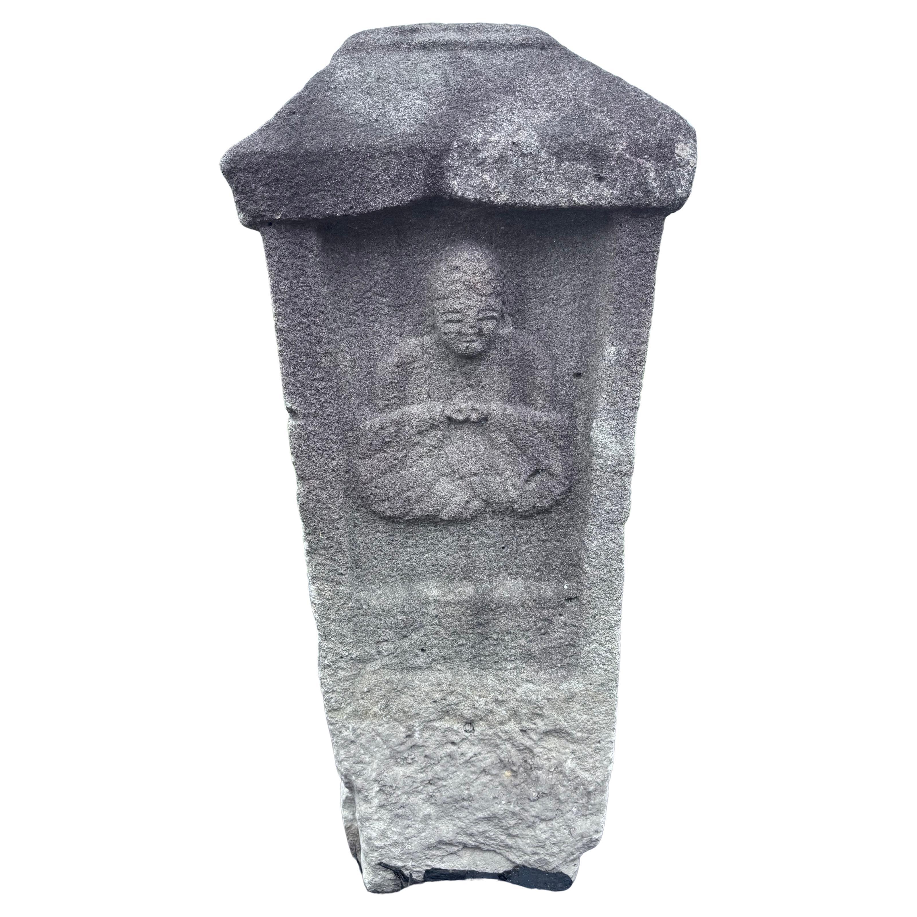 Japanese Fine Large Old Stone Seated Shrine Buddha, 23 Inches