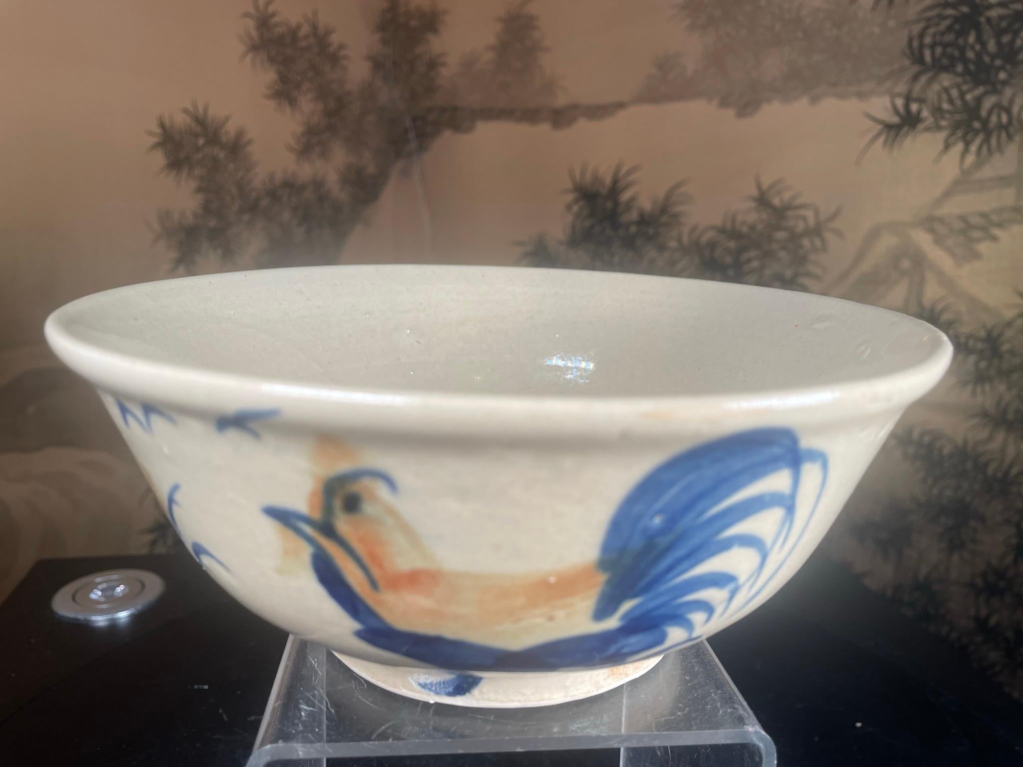 Showa Japanese Fine Large Rooster And Birds Tea Bowl, Hand-Built and Hand Glazed For Sale