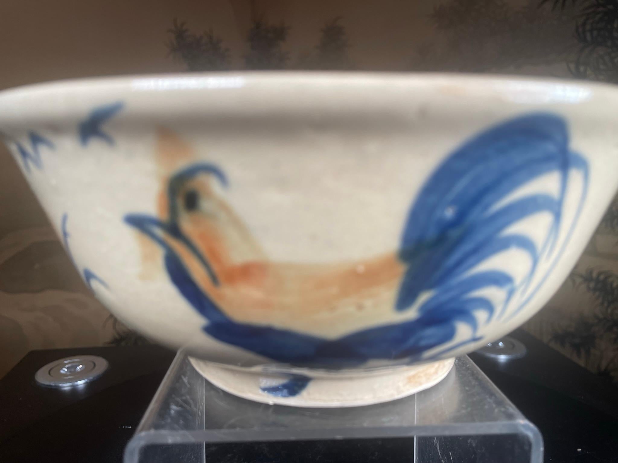 Hand-Crafted Japanese Fine Large Rooster And Birds Tea Bowl, Hand-Built and Hand Glazed For Sale