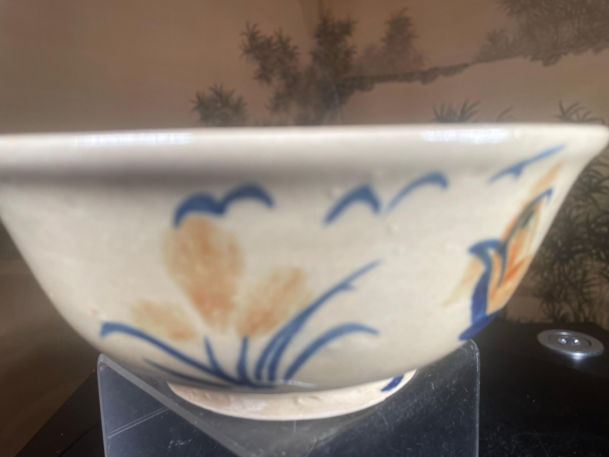 Mid-20th Century Japanese Fine Large Rooster And Birds Tea Bowl, Hand-Built and Hand Glazed For Sale