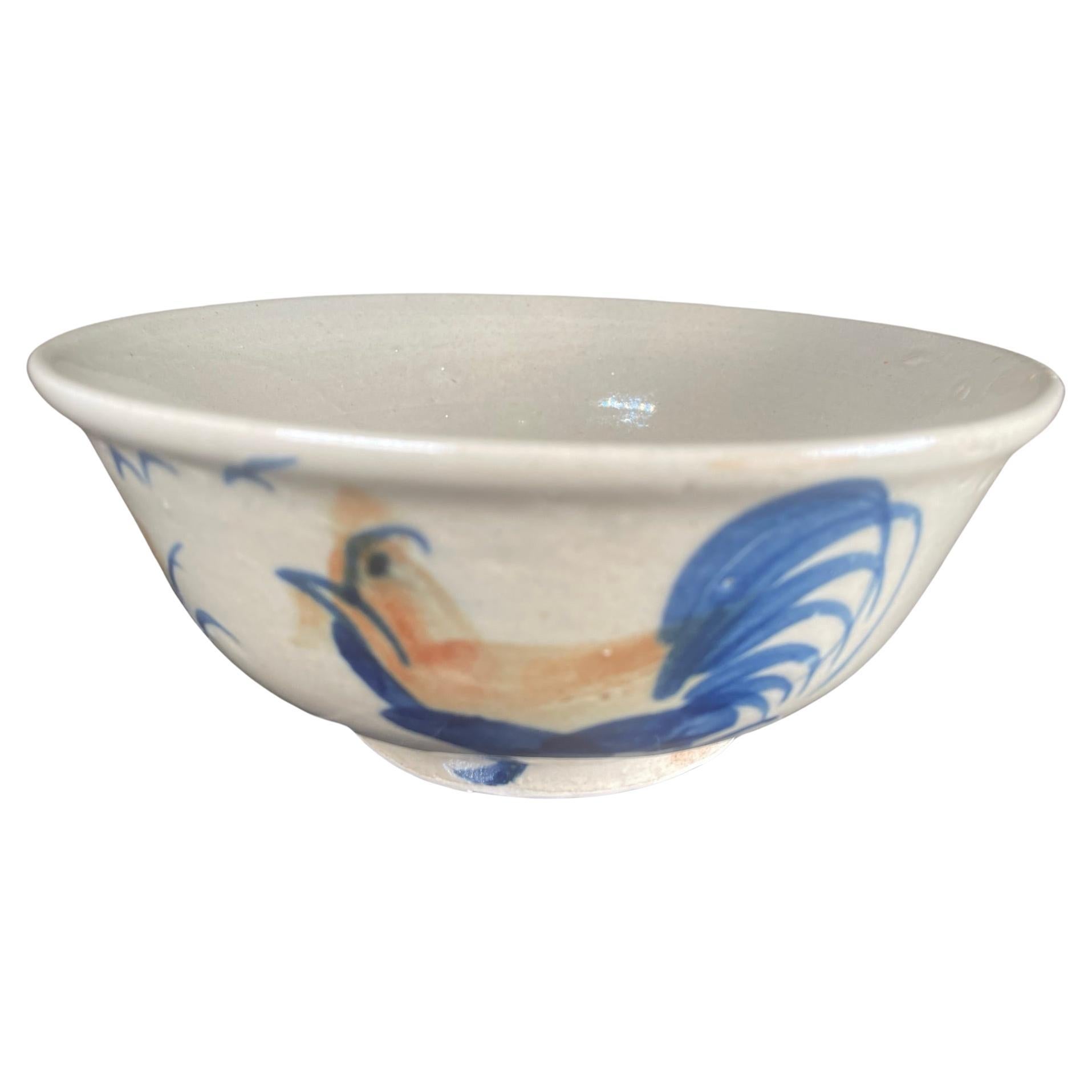 Japanese Fine Large Rooster And Birds Tea Bowl, Hand-Built and Hand Glazed For Sale