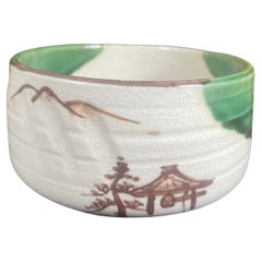 Japanese Fine Mountains And Pagoda  Oribe Tea Bowl, Hand-Built & Hand Glazed