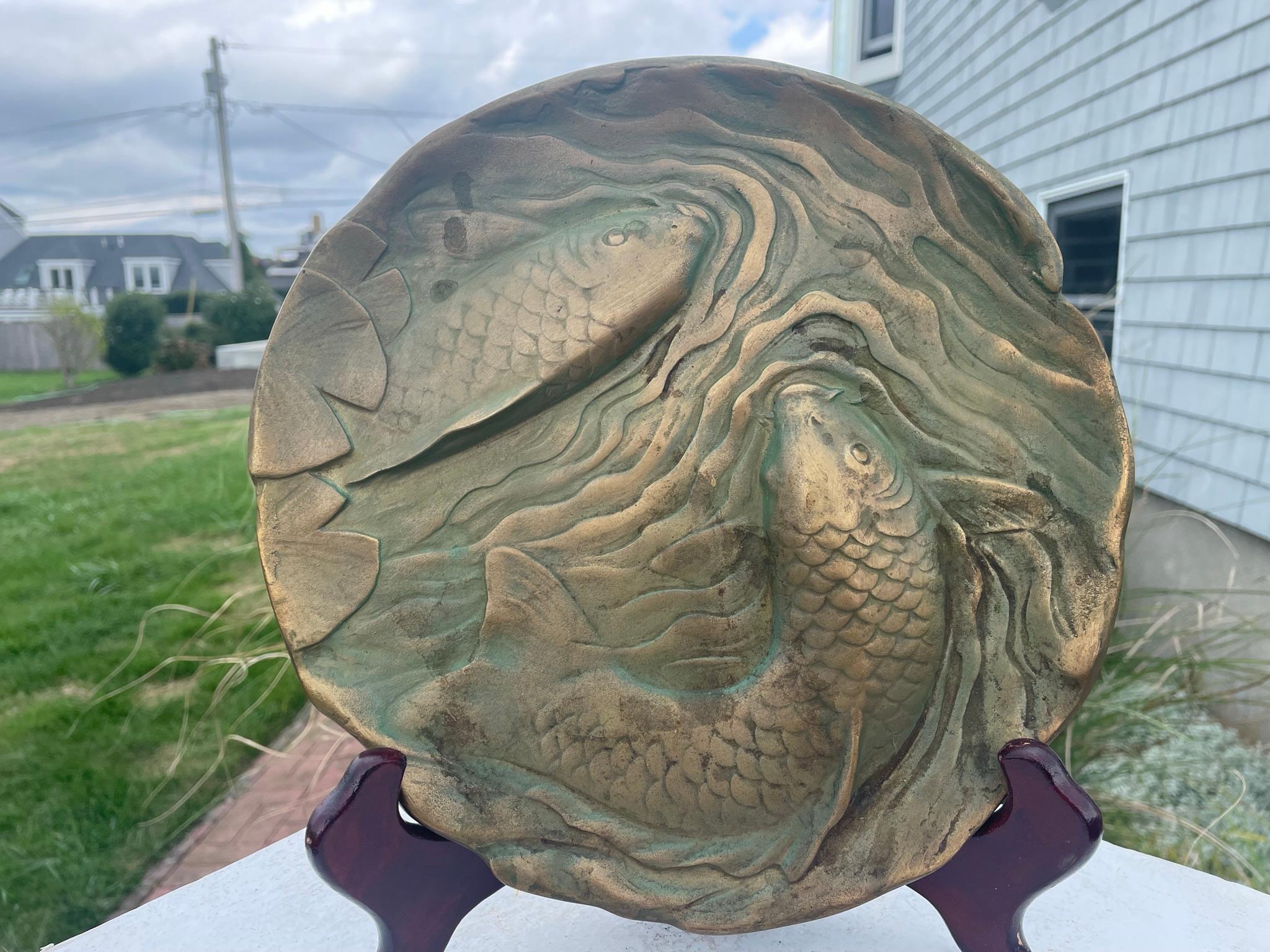 Showa Japanese Fine Old Playful Koi Fish Bronze Plaque Signed by Famous Nitten Artisan