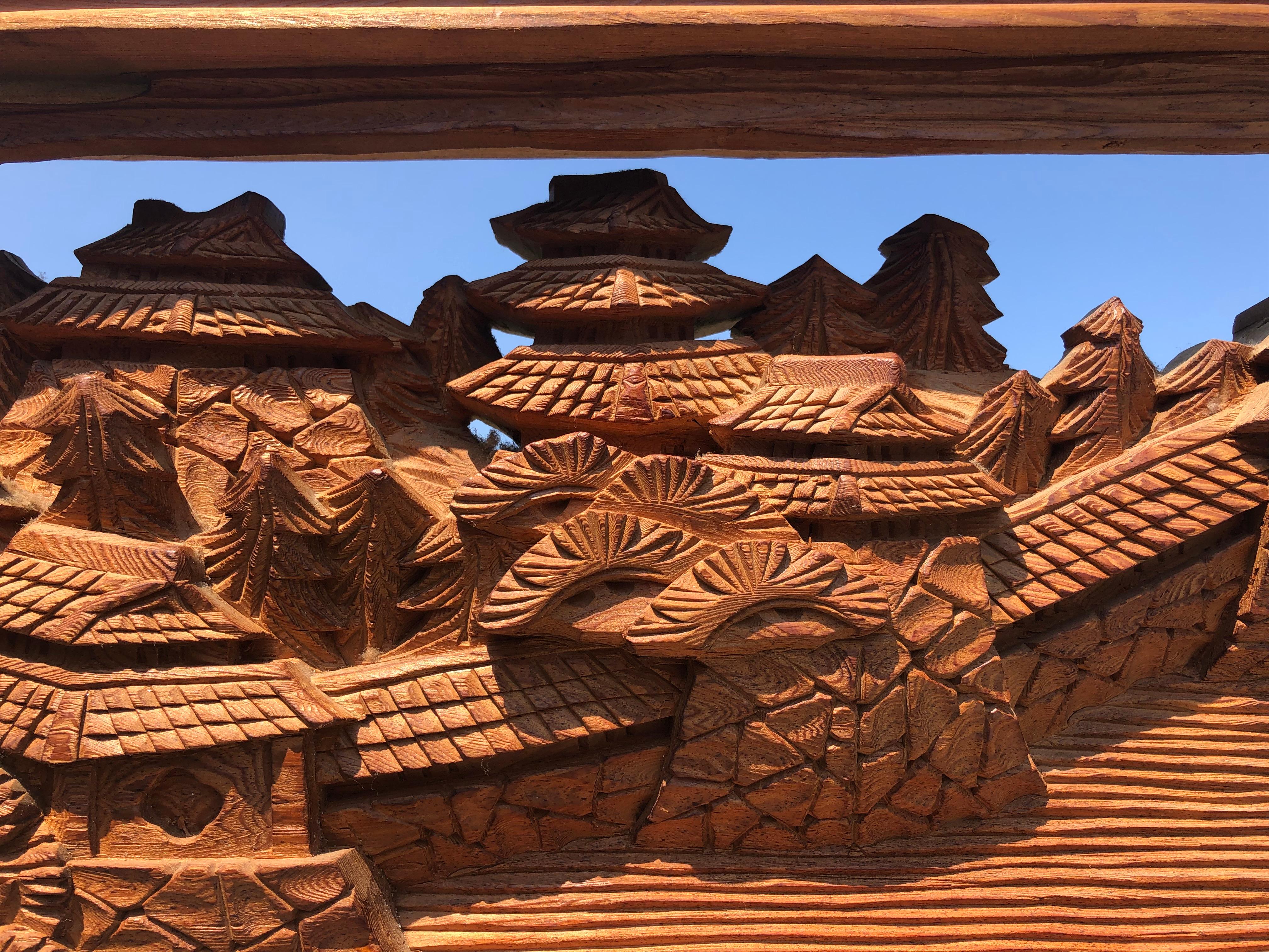 Hand-Carved Japanese Fine Old Samurai Pavilion and Minka House Screen