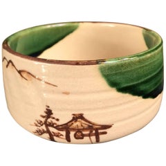 Japanese Fine  "MOUNTAINS & FOREST"   Oribe Tea Bowl, Hand-Built & Hand Glazed