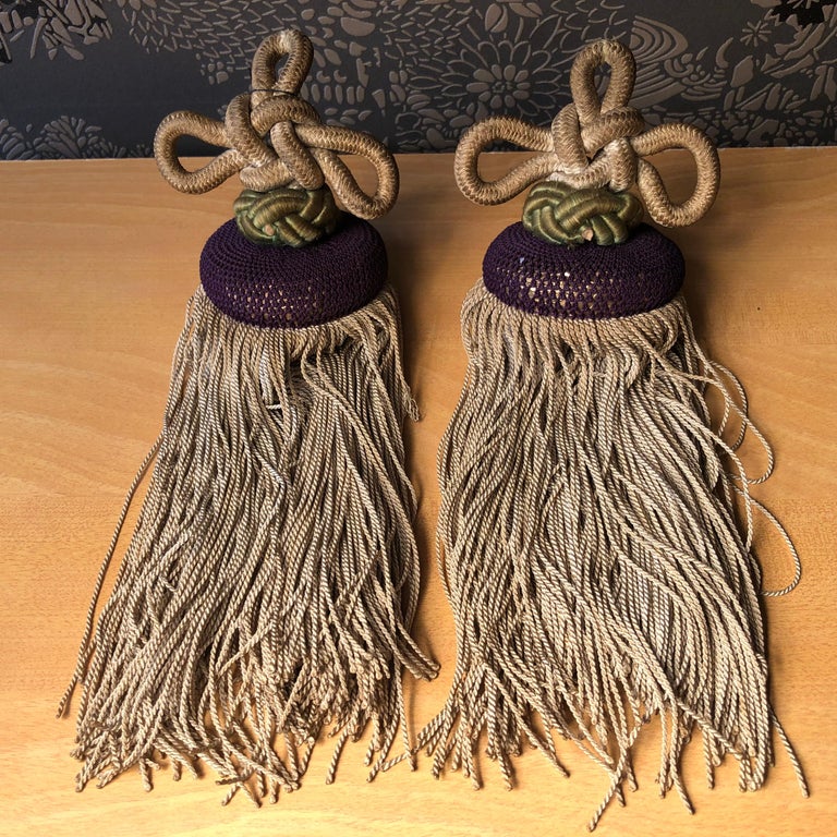Japanese Fine Pair of Antique Hand Woven Silk Tassels, Handcrafted