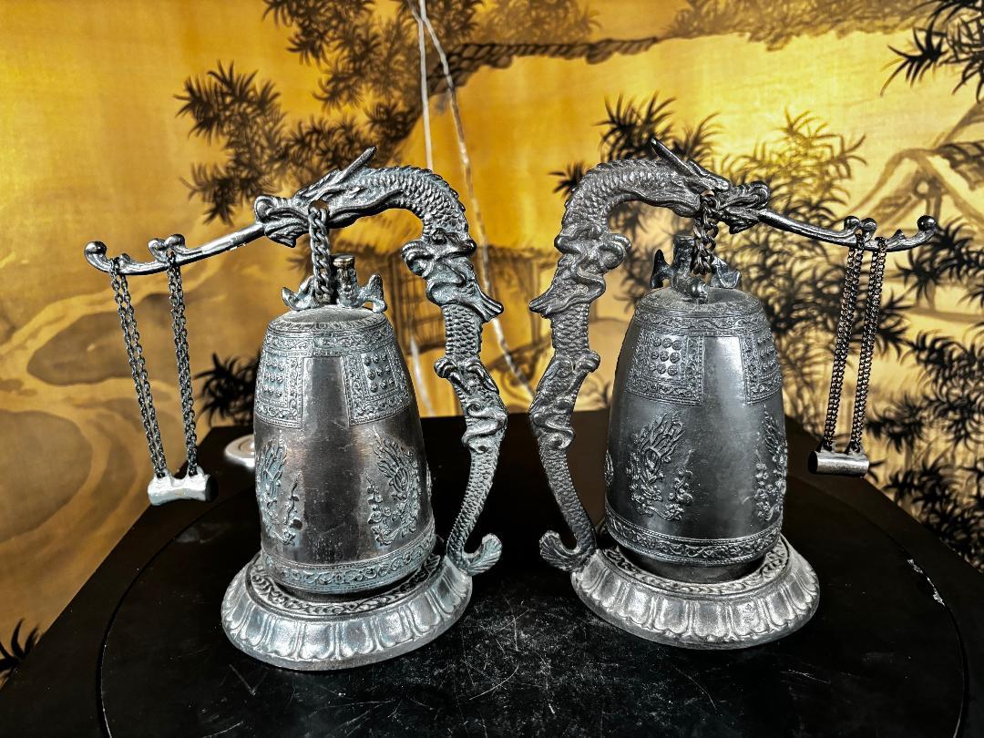 Japanese Fine Pair Older Dragon Bells Resonate Beautiful Serene Sounds For Sale 5