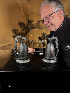 Japanese Fine Pair Older Dragon Bells Resonate Beautiful Serene Sounds
