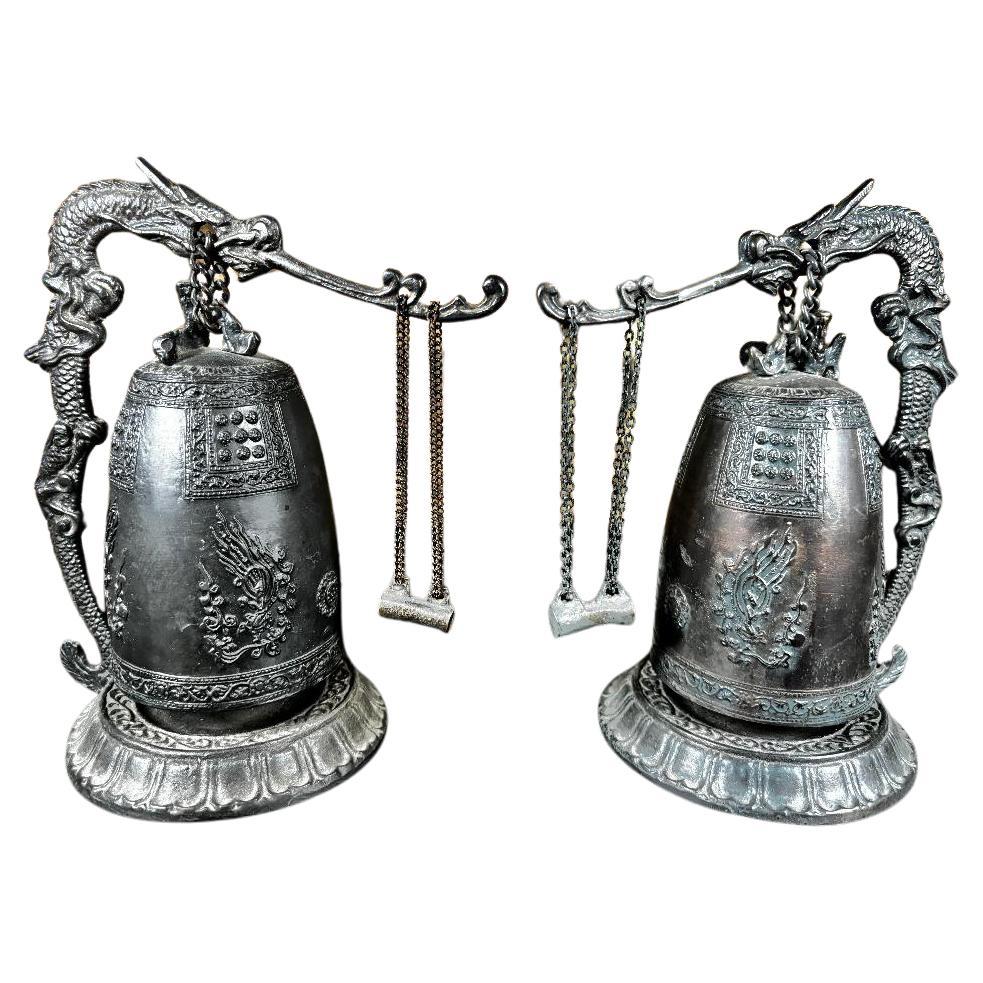 Japanese Fine Pair Older Dragon Bells Resonate Beautiful Serene Sounds