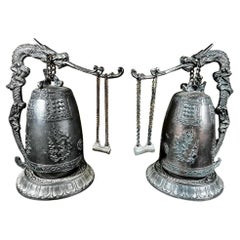Japanese Fine Pair Older Dragon Bells Resonate Beautiful Serene Sounds
