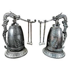 Antique Japanese Fine Pair Older Dragon Bells Resonate Beautiful Serene Sounds