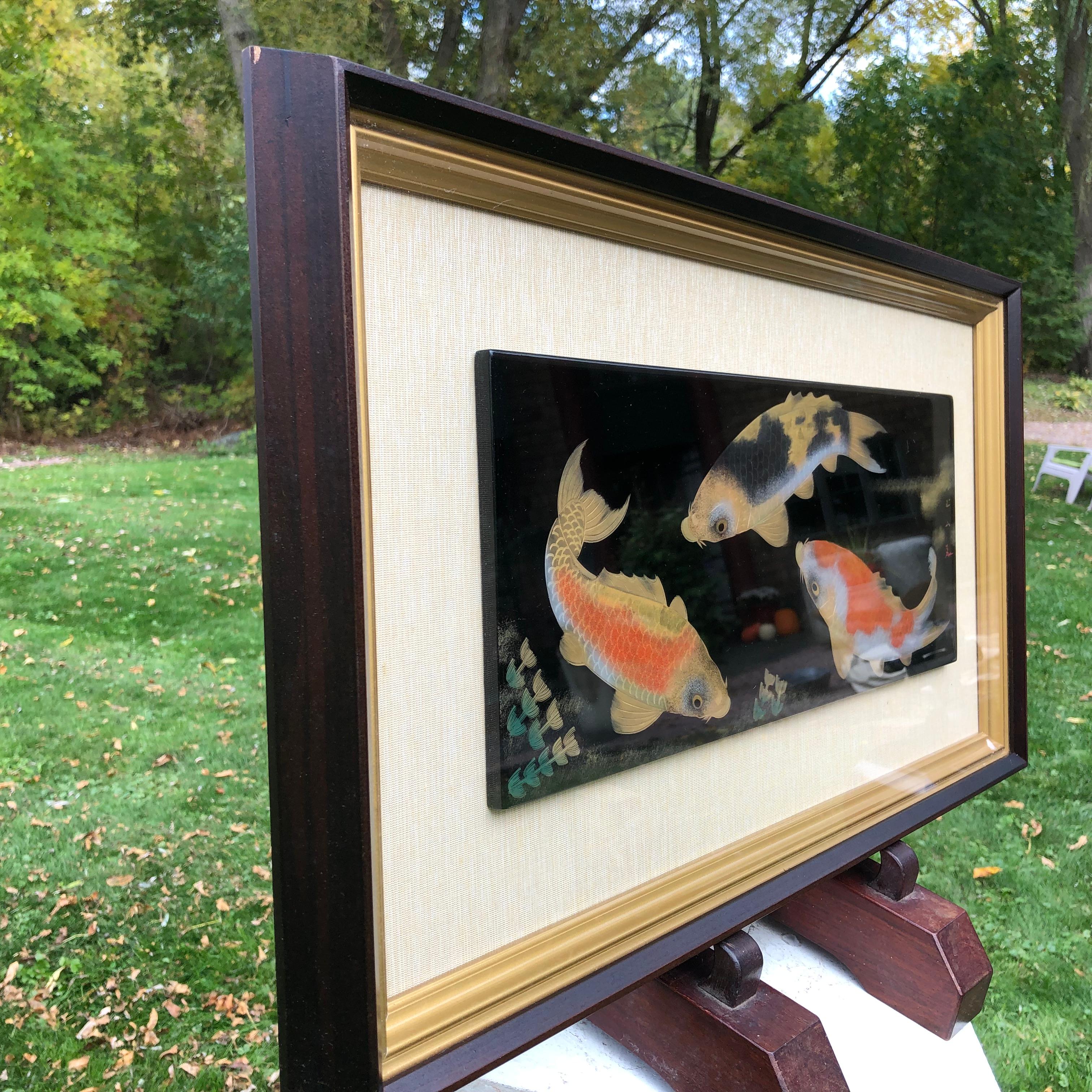 Japanese Fine Rich Black & Gold KOI Framed Lacquer Panel Signed Collectors Dream 4