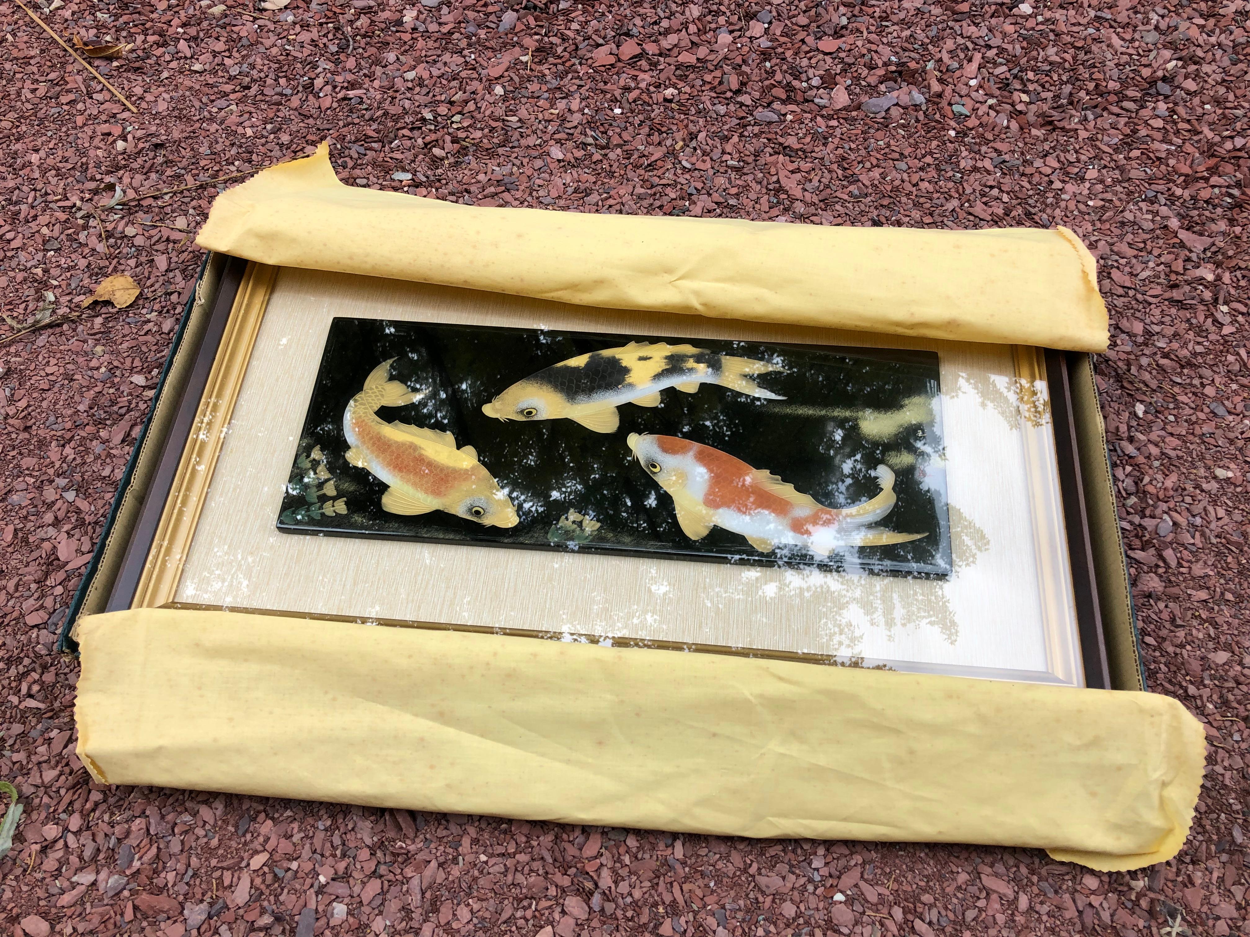 Japanese Fine Rich Black & Gold KOI Framed Lacquer Panel Signed Collectors Dream 7