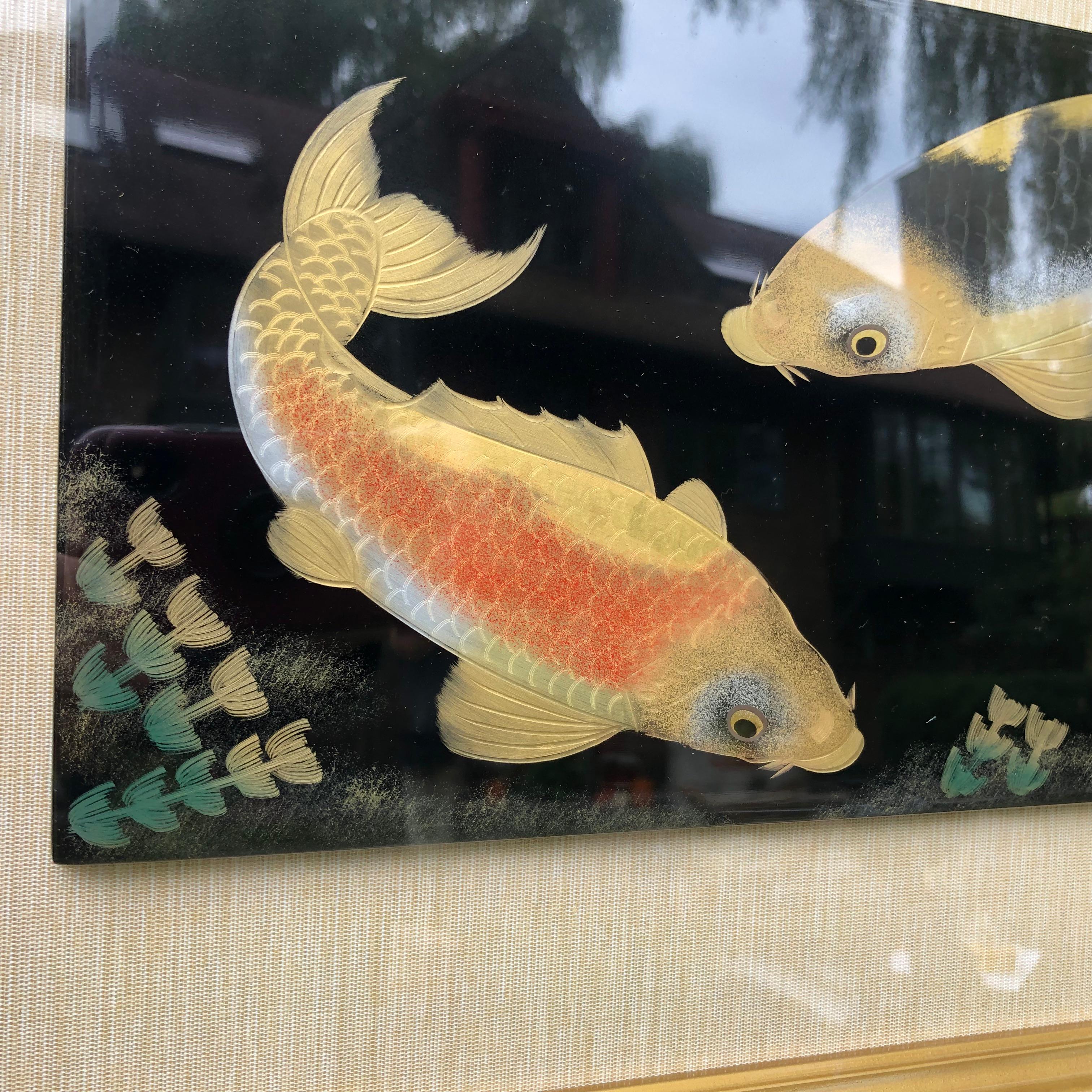 Showa Japanese Fine Rich Black & Gold KOI Framed Lacquer Panel Signed Collectors Dream