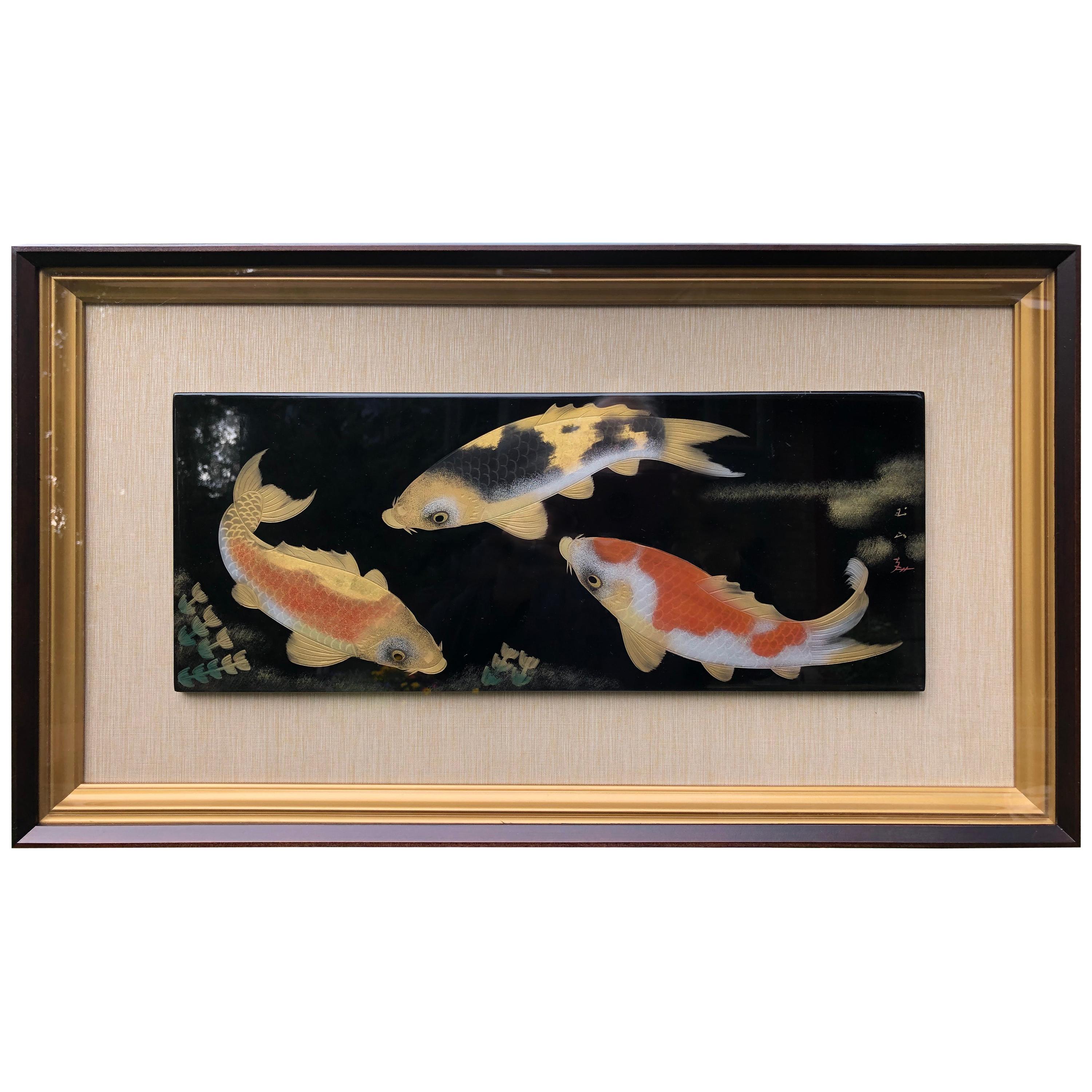 Japanese Fine Rich Black & Gold KOI Framed Lacquer Panel Signed Collectors Dream