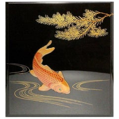 Japanese Fine Rich Black Gold Lacquer KOI and Pine Writing Box, Collectors Dream