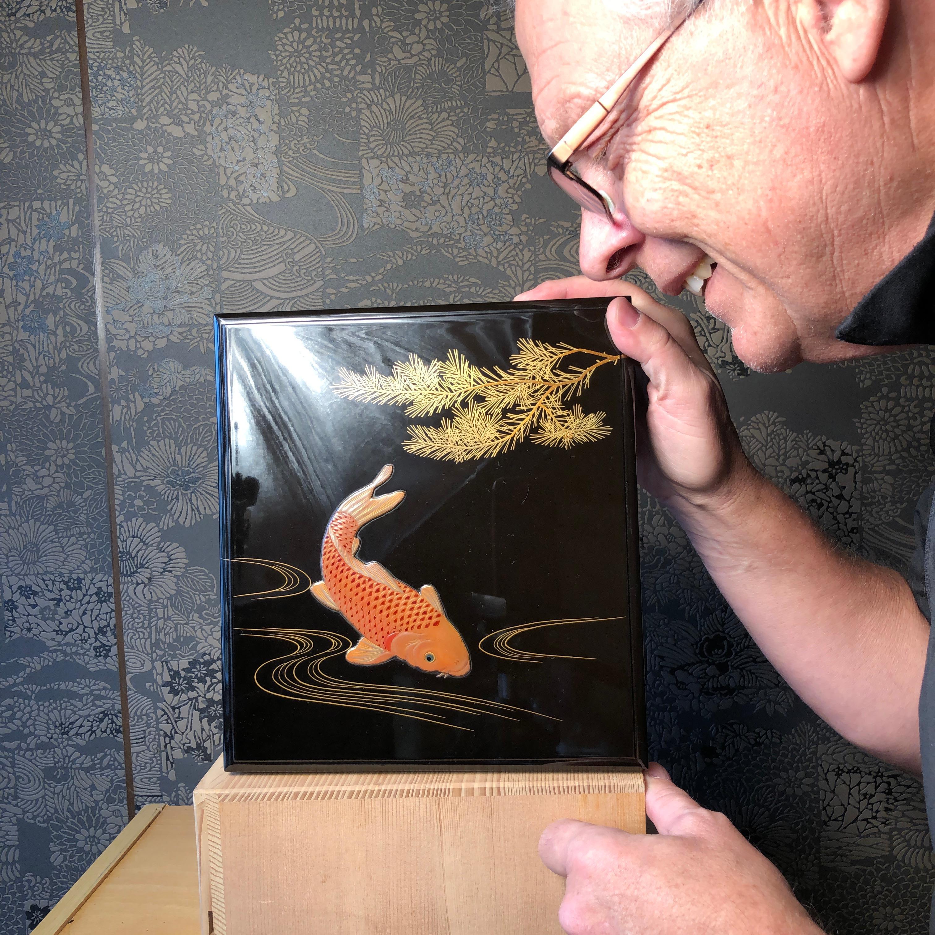 From our recent Japanese Acquisitions Kyoto travels.

A superb Makie Lacquer Suzuri-Bako writing box complete with its original ink stone and ink stone container crafted in rich black, gold, and red colors and depicting a graceful Koi or Carp