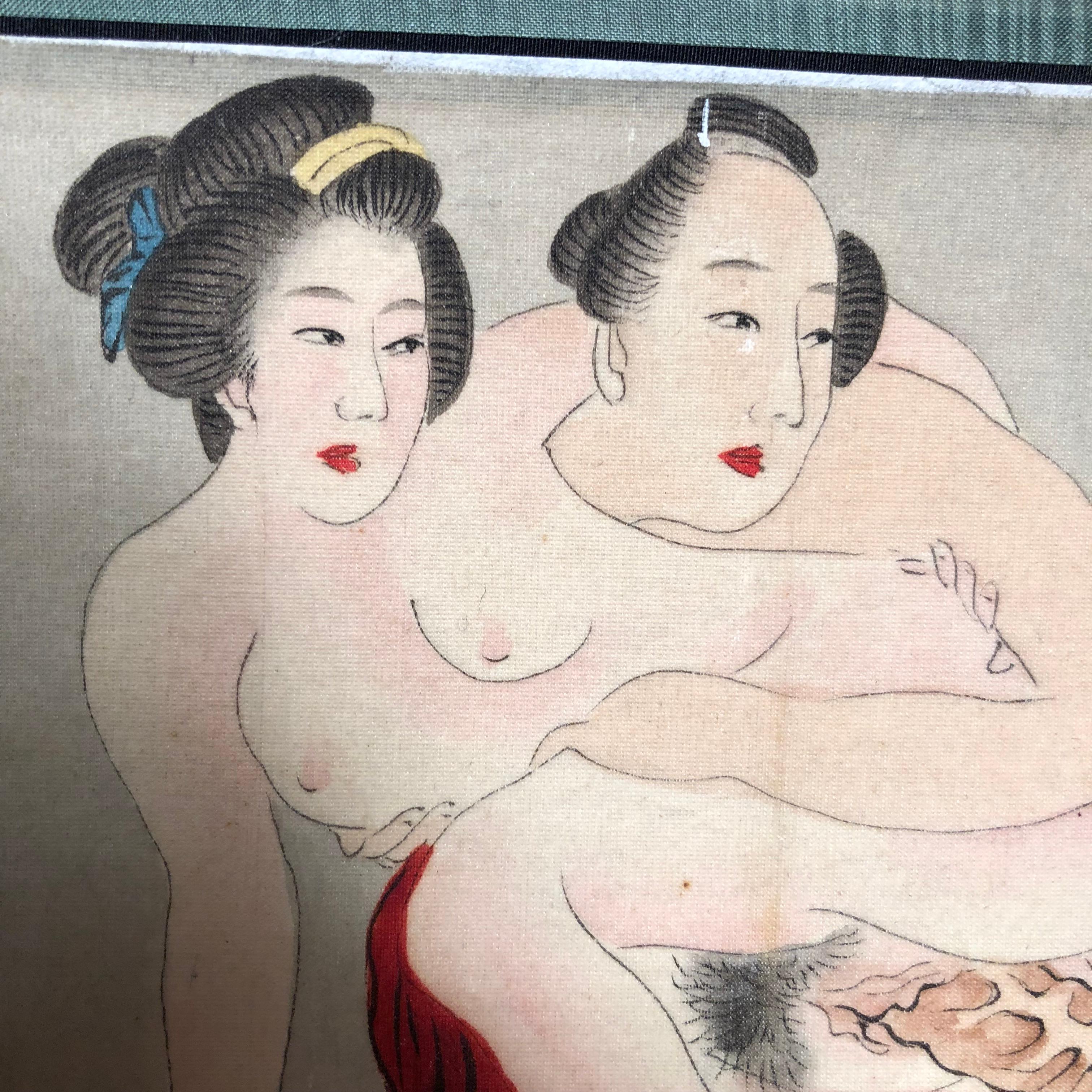 From our most recent Private Japanese collections acquisitions.

This very fine authentic Japanese hand-painted Shunga erotic scene on silk hand scroll is an elusive one of a kind. It possesses 75 inches, over six feet long, including eight