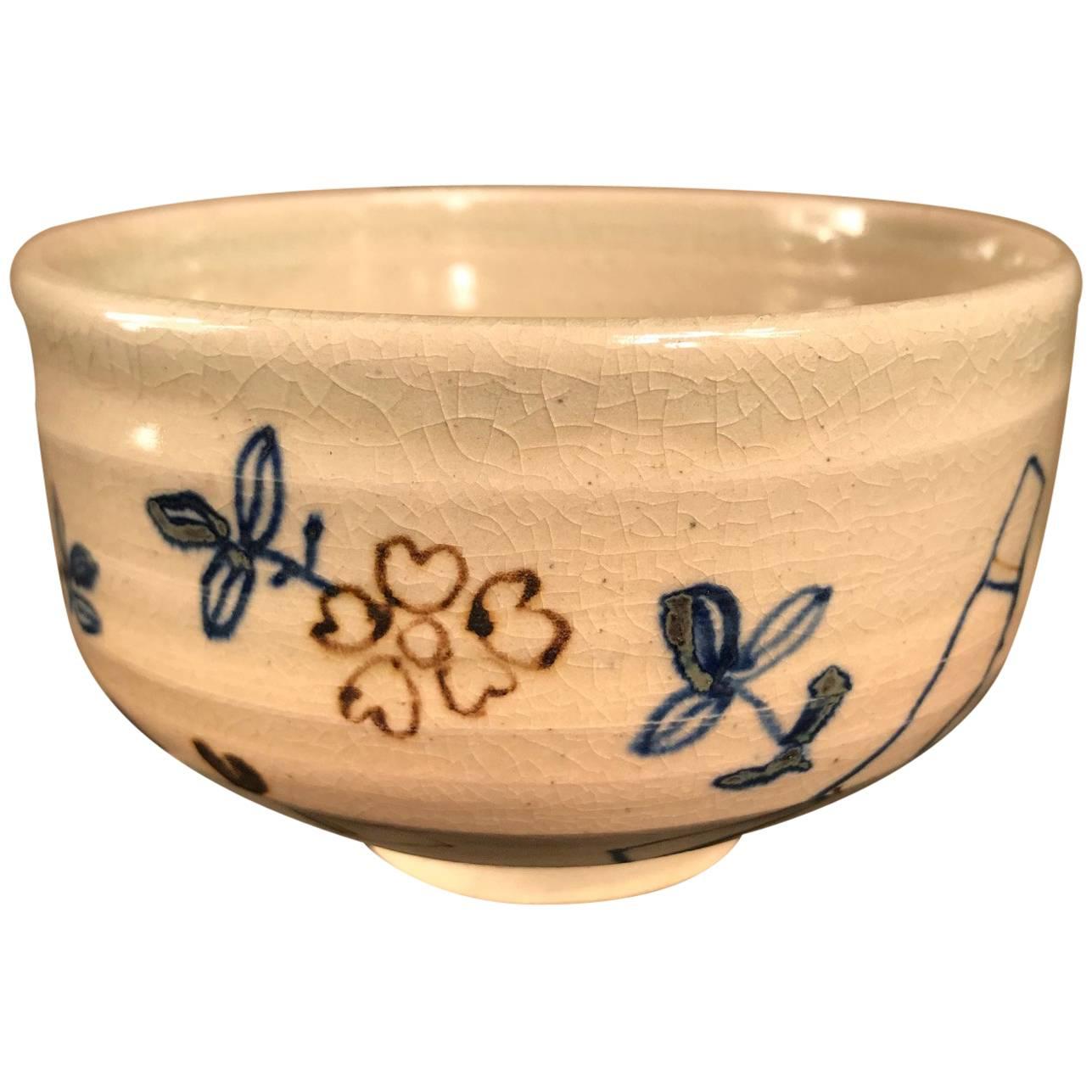 Japanese Fine "SPRING FLOWERS" Tea Bowl, Hand Built,  Hand Glazed & Signed